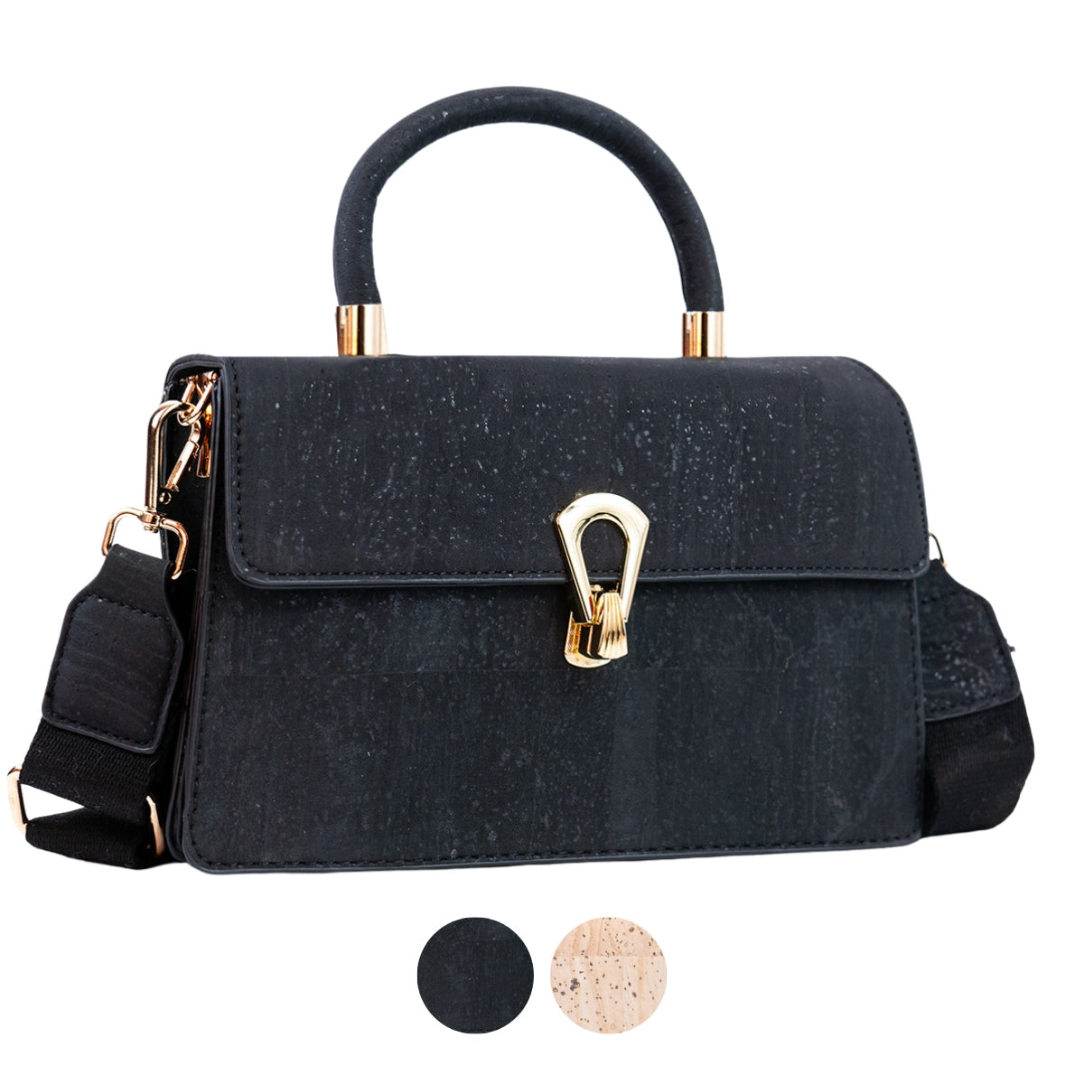 Elegant Black Cork Crossbody Bag with Gold Buckle and Cotton Strap BAG-2321-0