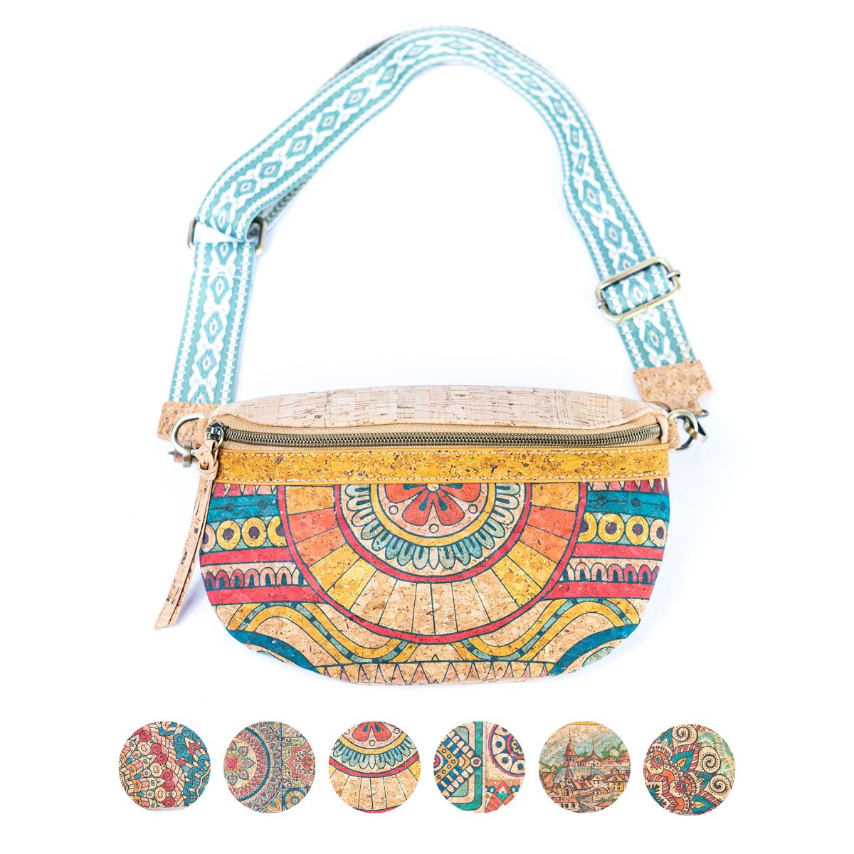 Mandala Print Cork Women's Chest Bag with Colorful Cotton Strap-0