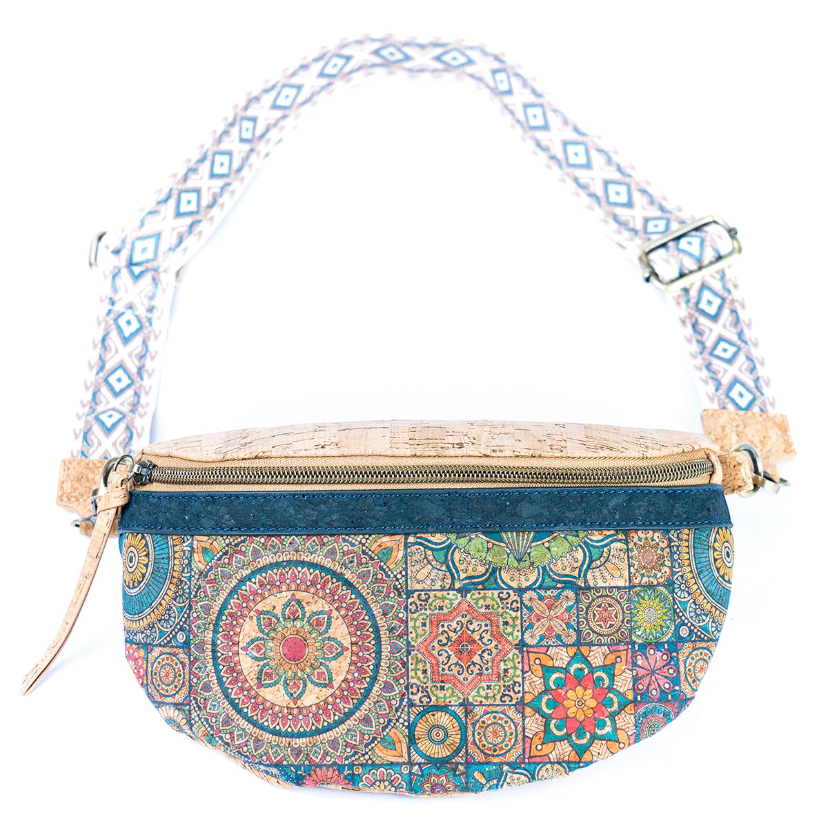 Mandala Print Cork Women's Chest Bag with Colorful Cotton Strap-5