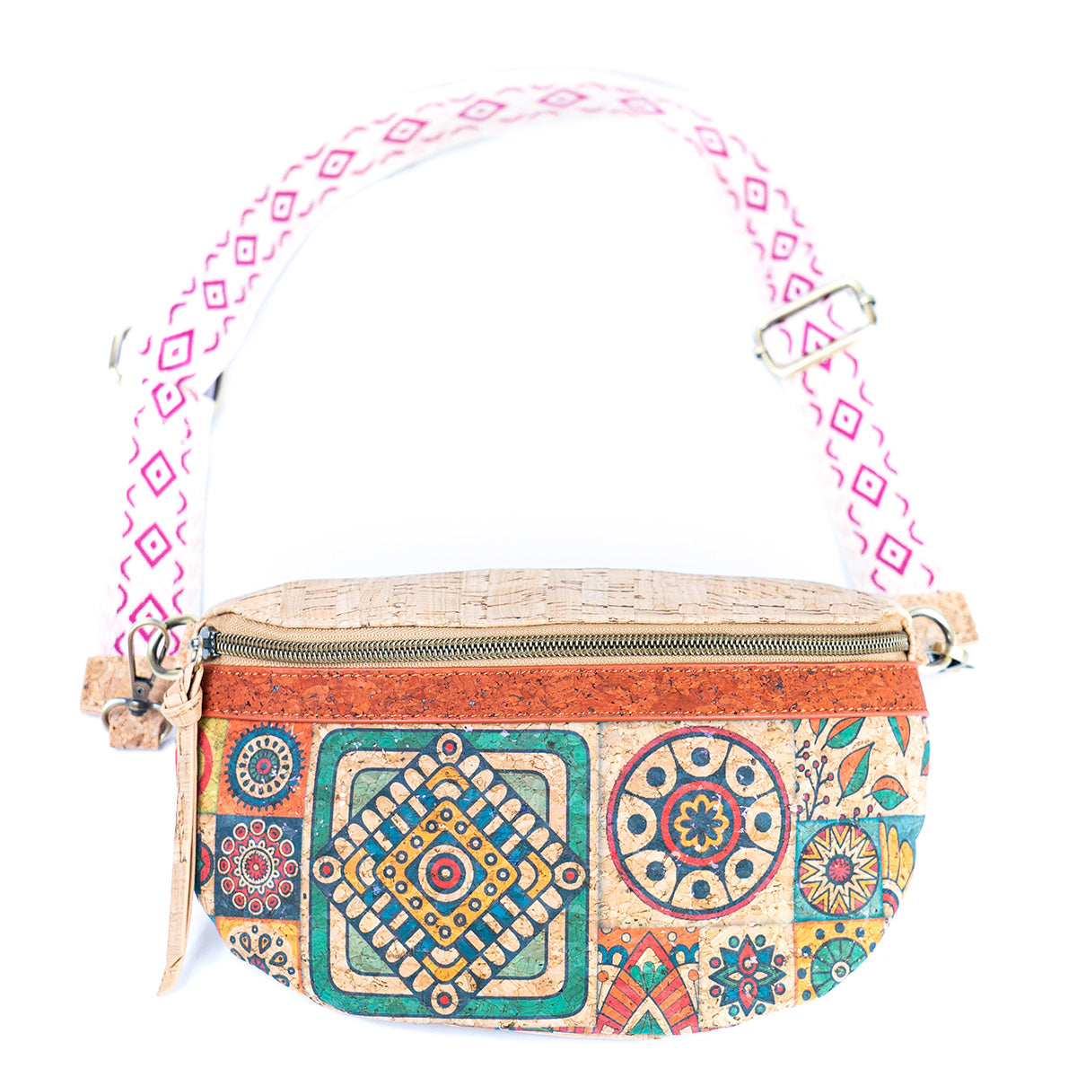 Mandala Print Cork Women's Chest Bag with Colorful Cotton Strap-7