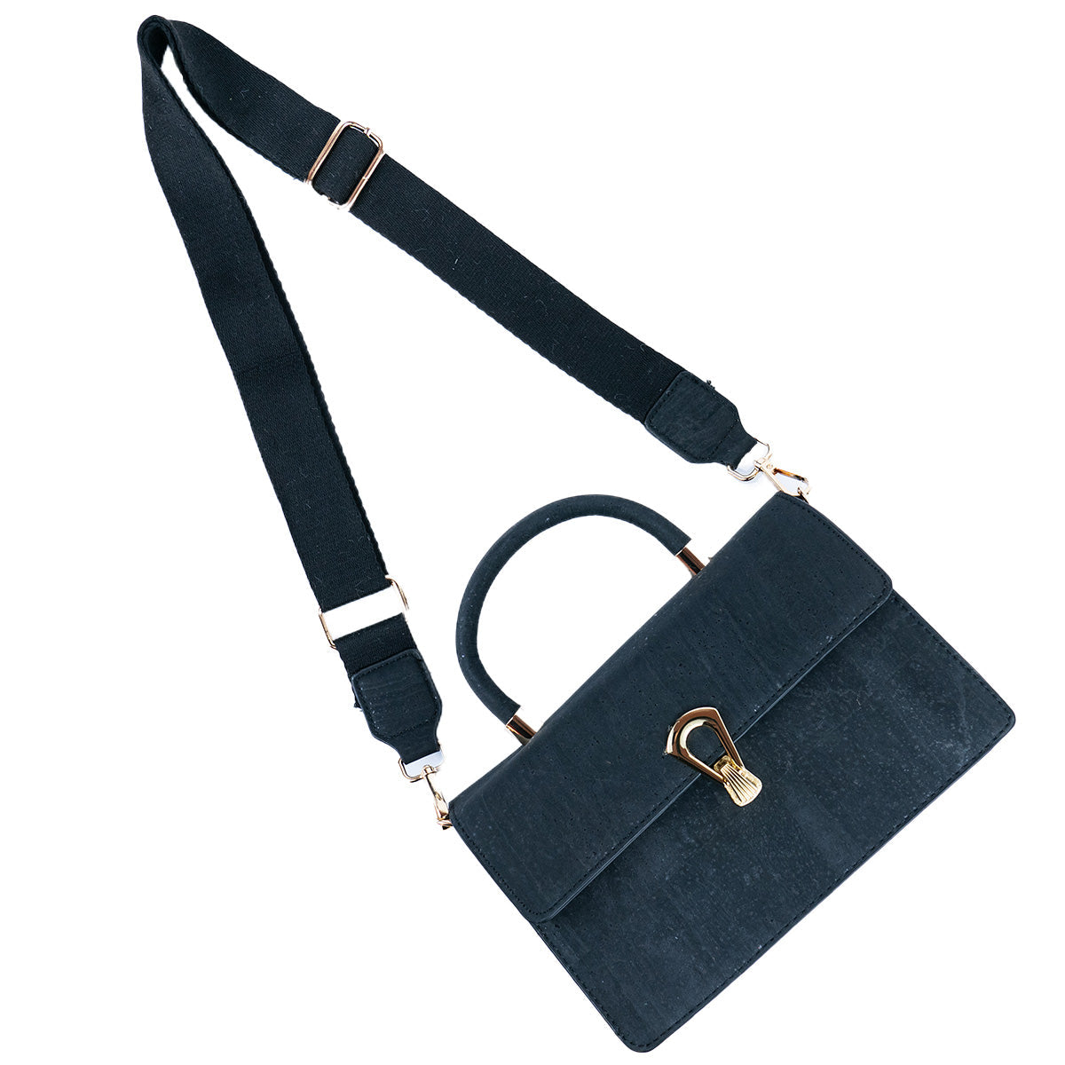 Elegant Black Cork Crossbody Bag with Gold Buckle and Cotton Strap BAG-2321-3
