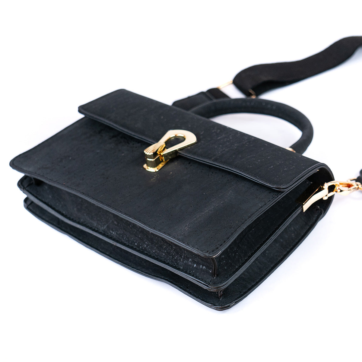 Elegant Black Cork Crossbody Bag with Gold Buckle and Cotton Strap BAG-2321-4