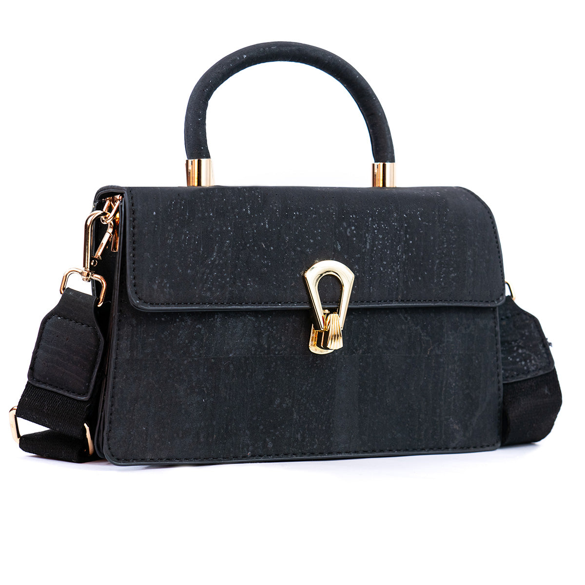 Elegant Black Cork Crossbody Bag with Gold Buckle and Cotton Strap BAG-2321-5