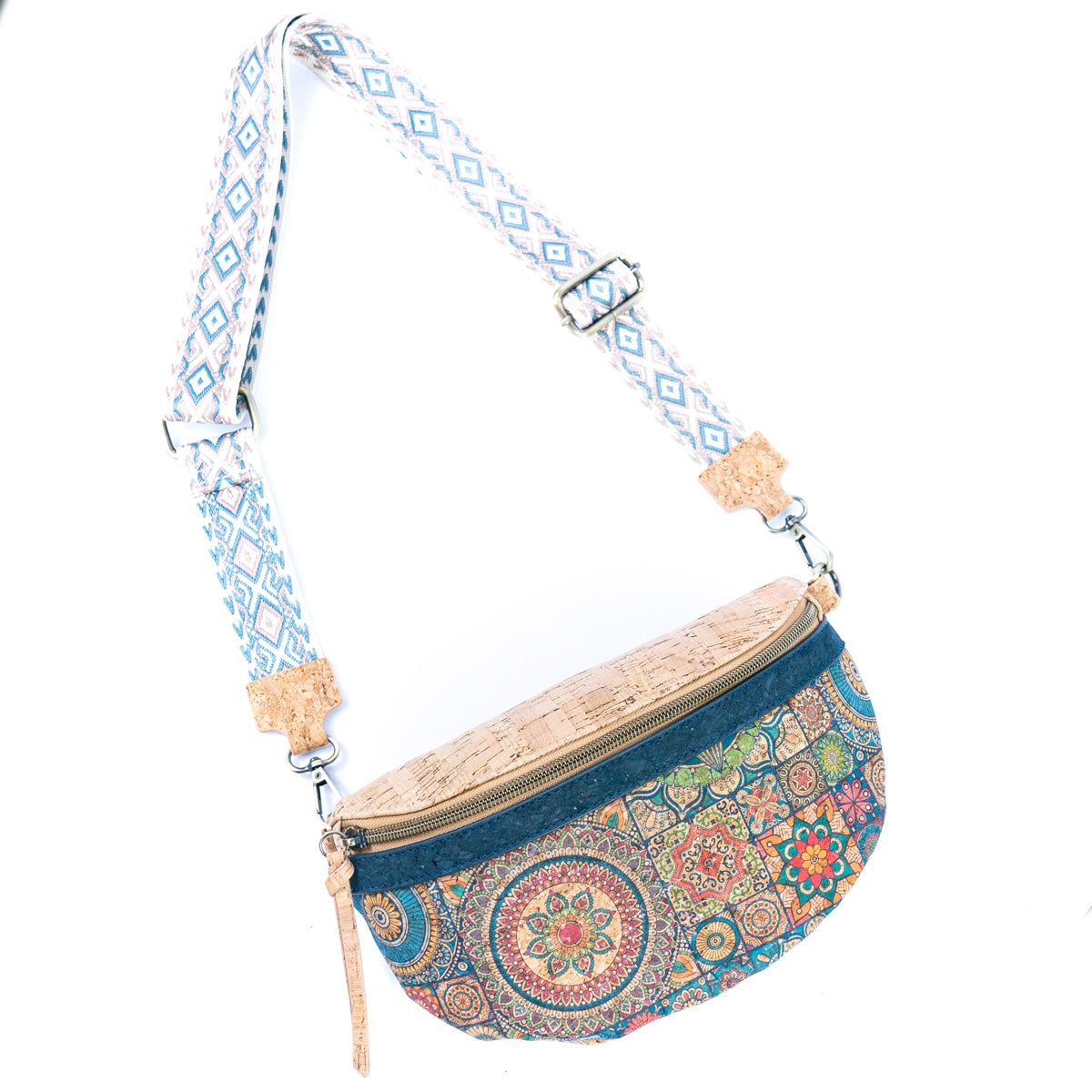 Mandala Print Cork Women's Chest Bag with Colorful Cotton Strap-1