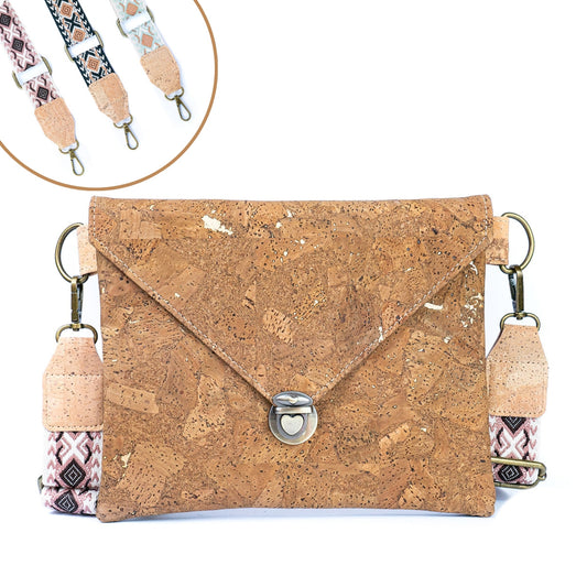 Tobacco-Colored Cork Crossbody Bag with Detachable Wide Strap and Heart-Shaped Snap Closure BAGP-281-0