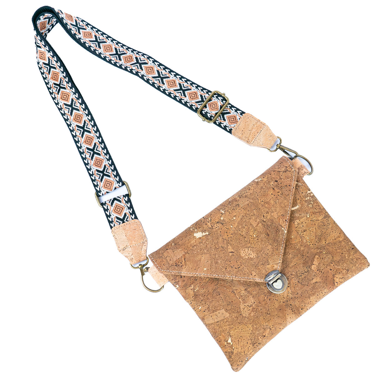 Tobacco-Colored Cork Crossbody Bag with Detachable Wide Strap and Heart-Shaped Snap Closure BAGP-281-6