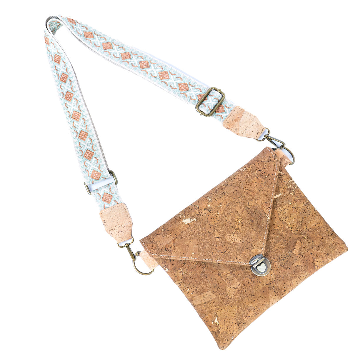 Tobacco-Colored Cork Crossbody Bag with Detachable Wide Strap and Heart-Shaped Snap Closure BAGP-281-7