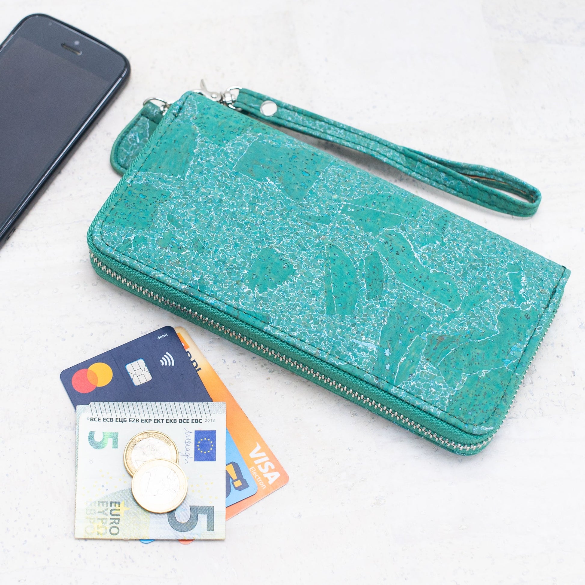 Turquoise Green Cork Wallet with Detachable Wrist Strap BAG-2084-1