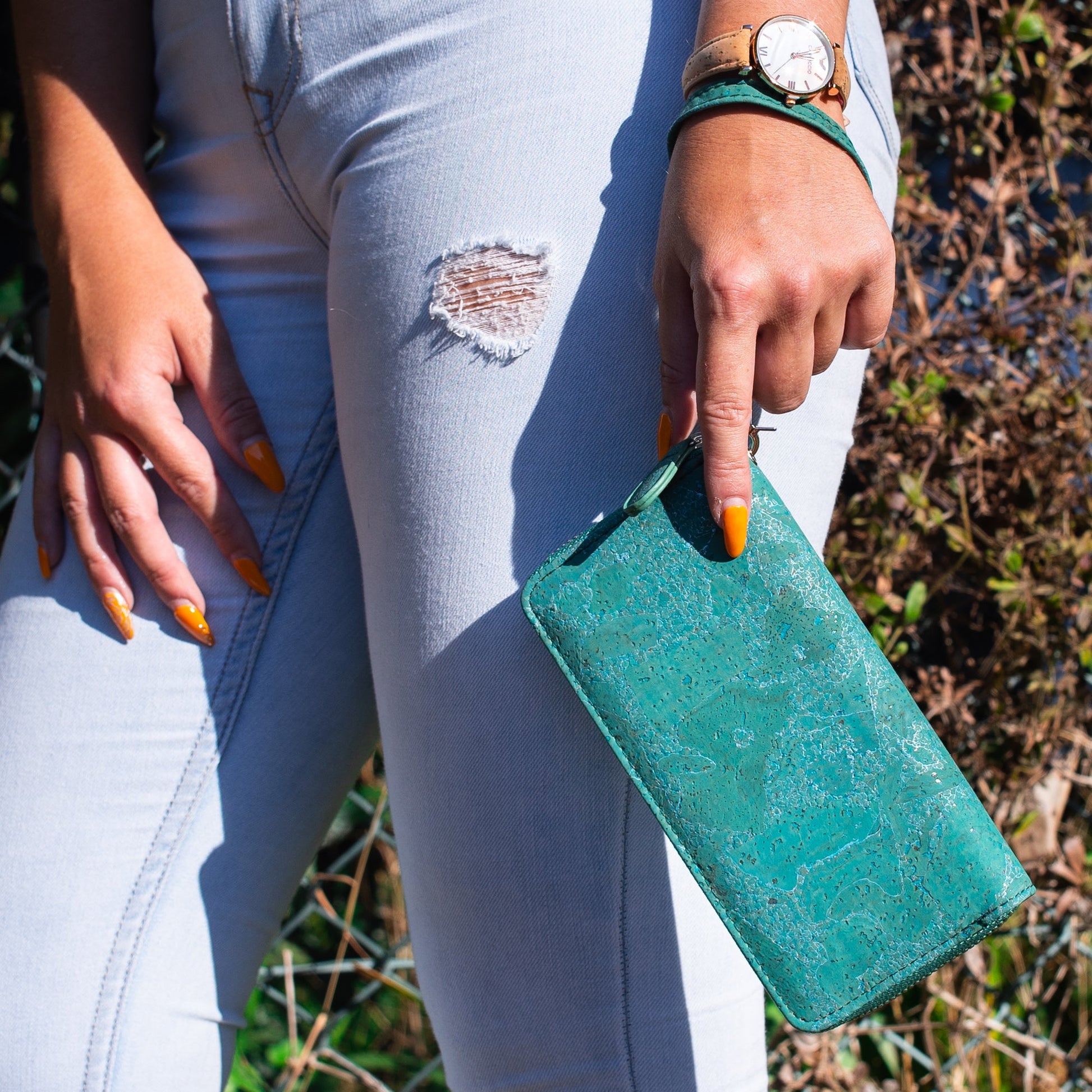 Turquoise Green Cork Wallet with Detachable Wrist Strap BAG-2084-0