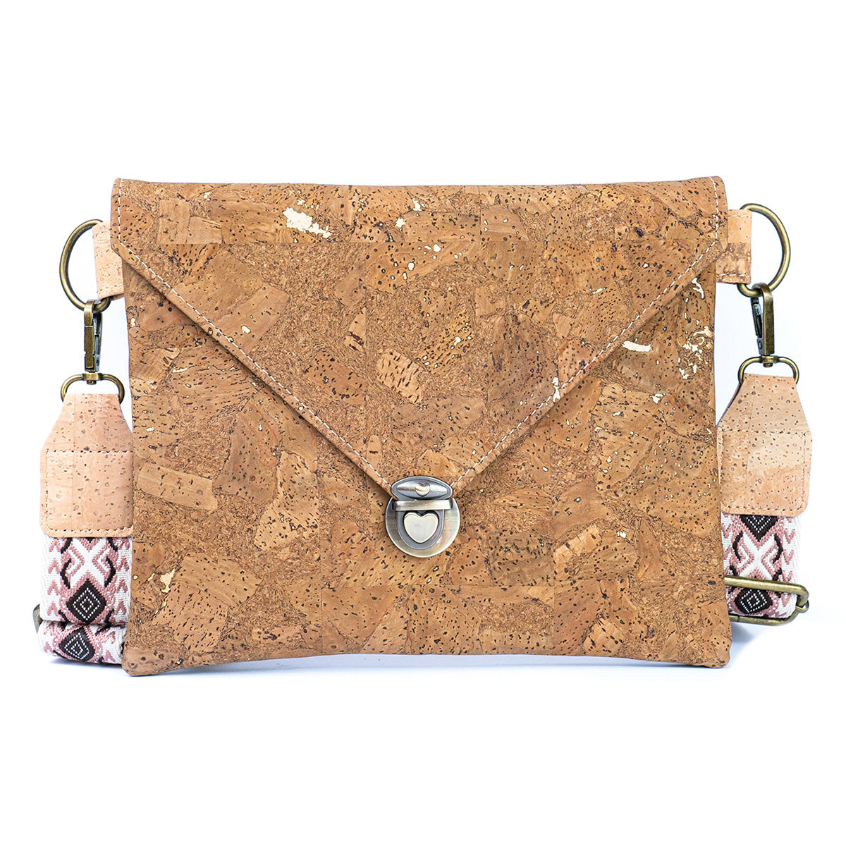 Tobacco-Colored Cork Crossbody Bag with Detachable Wide Strap and Heart-Shaped Snap Closure BAGP-281-3