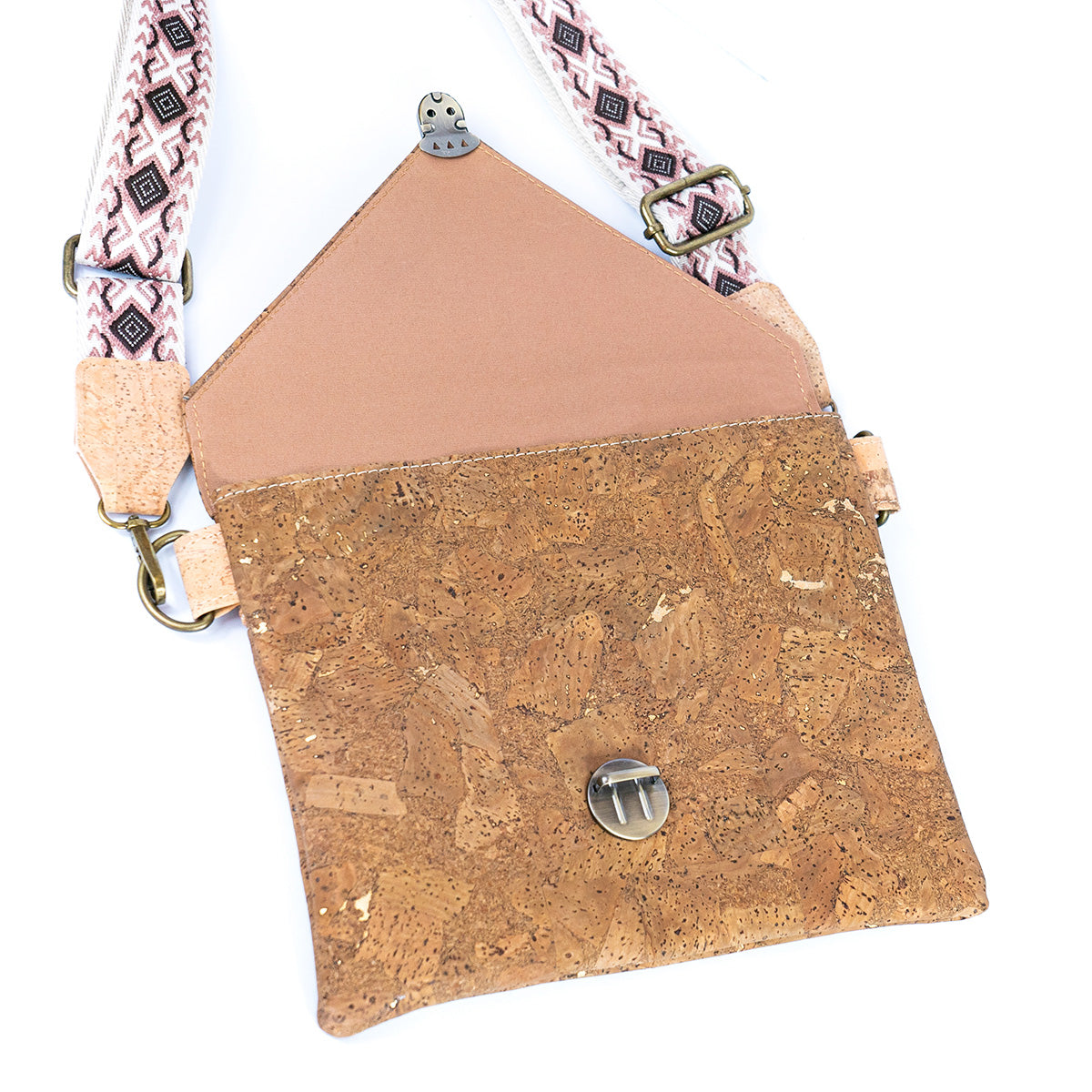 Tobacco-Colored Cork Crossbody Bag with Detachable Wide Strap and Heart-Shaped Snap Closure BAGP-281-2