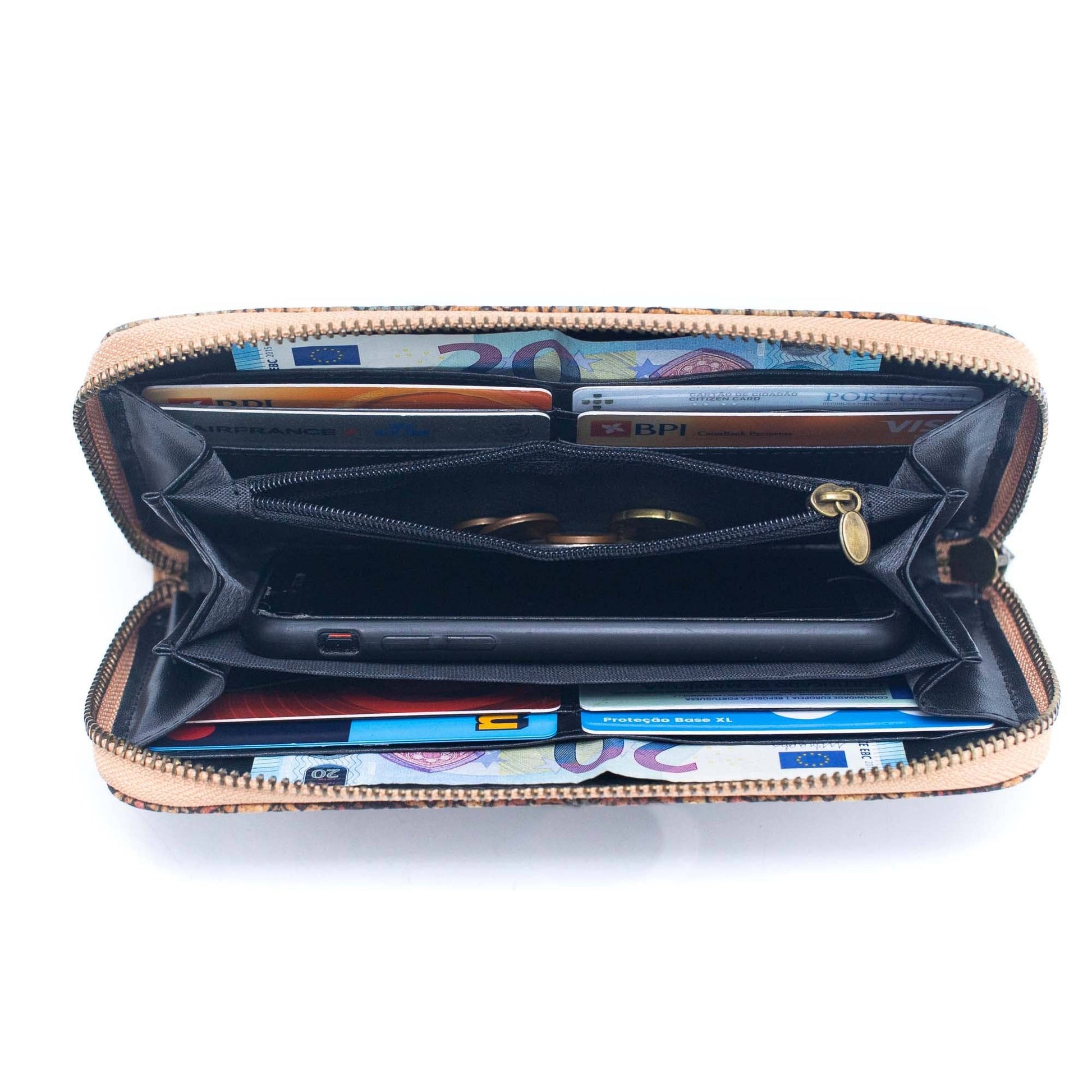 Portefeuille en liège ZIPPER ouvert avec compartiments cartes et billets